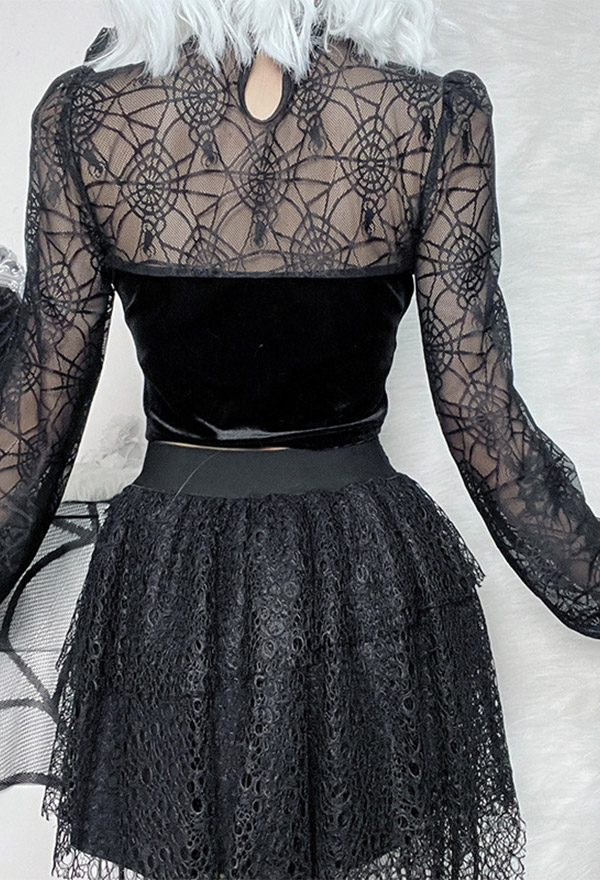 Women Gothic Vampire Black Mock Neck Long Sleeves Sheer Spiderweb Print Crop Blouse Women Gothic Vampire Black Mock Neck Long Sleeves Sheer Spiderweb Print Crop Blouse
