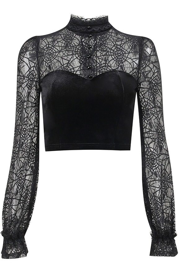 Women Gothic Vampire Black Mock Neck Long Sleeves Sheer Spiderweb Print Crop Blouse Women Gothic Vampire Black Mock Neck Long Sleeves Sheer Spiderweb Print Crop Blouse