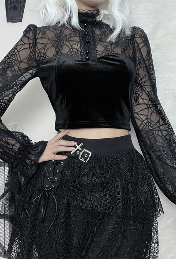 Women Gothic Vampire Black Mock Neck Long Sleeves Sheer Spiderweb Print Crop Blouse Women Gothic Vampire Black Mock Neck Long Sleeves Sheer Spiderweb Print Crop Blouse