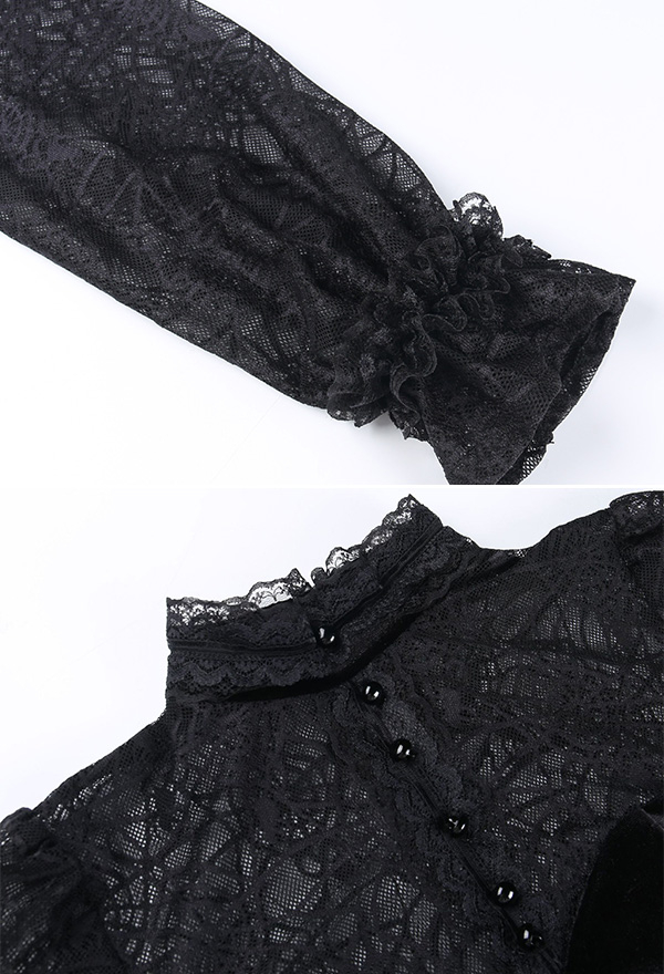 Women Gothic Vampire Black Mock Neck Long Sleeves Sheer Spiderweb Print Crop Blouse Women Gothic Vampire Black Mock Neck Long Sleeves Sheer Spiderweb Print Crop Blouse