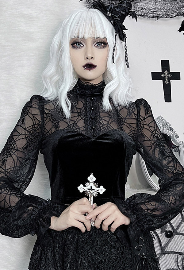 Women Gothic Vampire Black Mock Neck Long Sleeves Sheer Spiderweb Print Crop Blouse Women Gothic Vampire Black Mock Neck Long Sleeves Sheer Spiderweb Print Crop Blouse