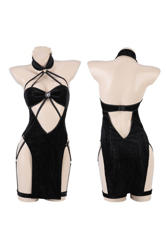 Gothic Black Sexy Cutout Halter Cheongsam High Split Spider Decoration Strap Dress