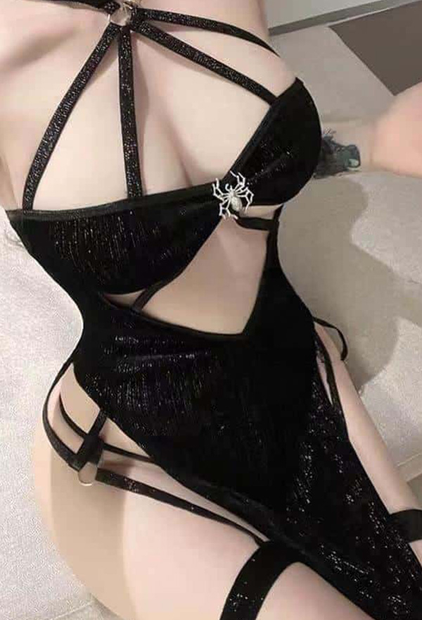 Gothic Black Sexy Cutout Halter Cheongsam High Split Spider Decoration Strap Dress