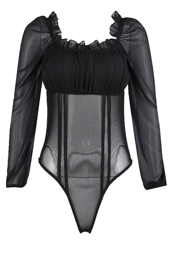 Gothic Sexy Black Sheer Off-Shoulder Long Sleeves Bodysuit Top