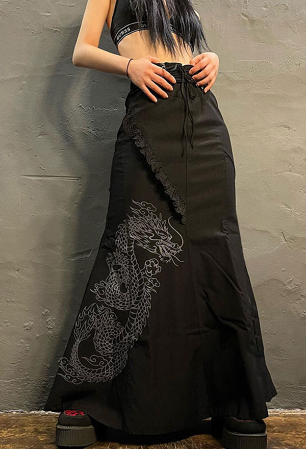 Women Gothic Vintage Black High-Waist Lace-up Chinese Dragon Patten Maxi Skirt