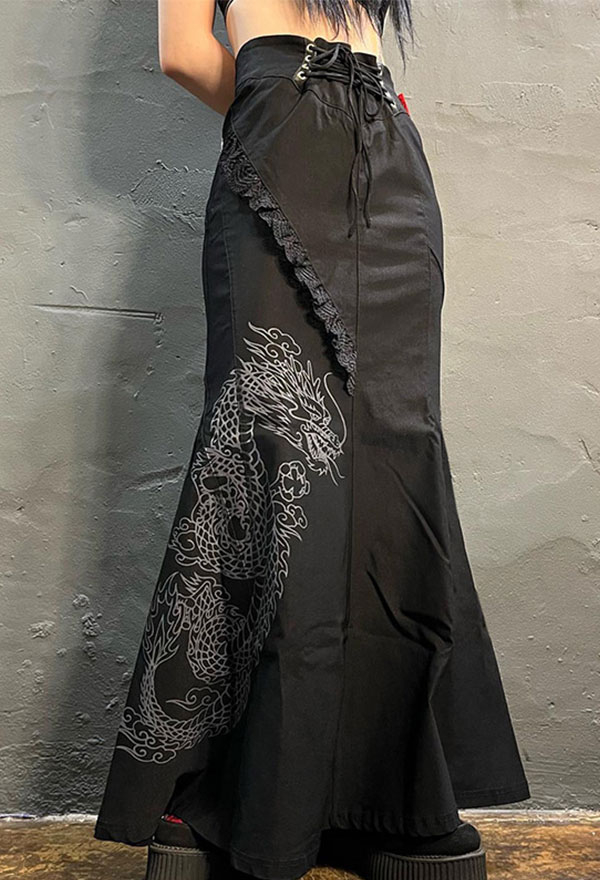 Women Gothic Vintage Black High-Waist Lace-up Chinese Dragon Patten Maxi Skirt