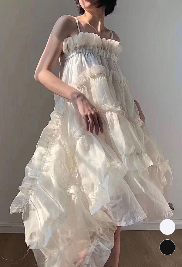 Women Gothic Dark Lolita Lace-up Ruffles Irregular Hem Long Dress