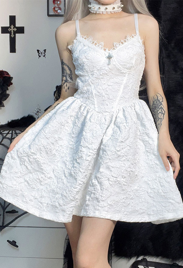 Women Gothic Vampire Lace Cross Decorated Floral Pattern A-Line Mini Dress