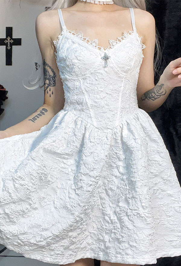 Women Gothic Vampire Lace Cross Decorated Floral Pattern A-Line Mini Dress
