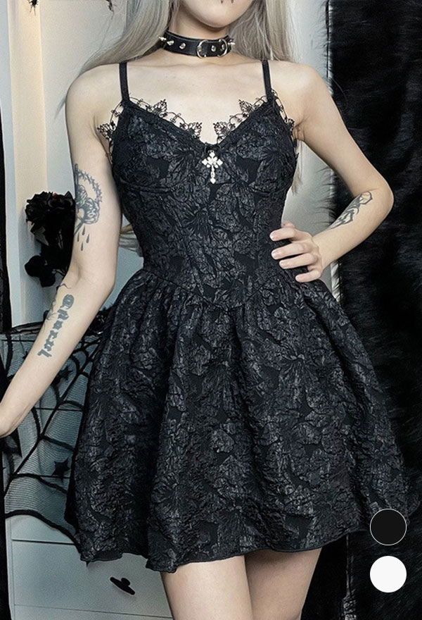 Women Gothic Vampire Lace Cross Decorated Floral Pattern A-Line Mini Dress