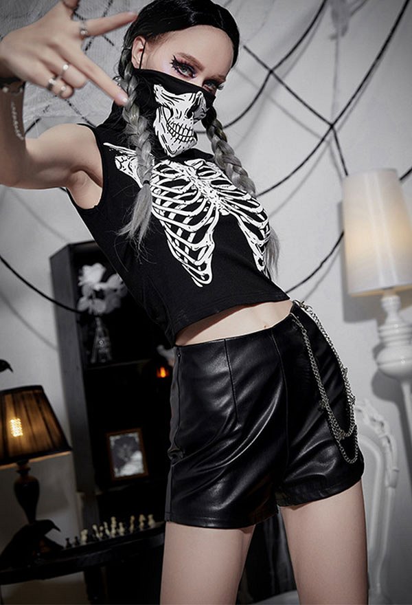 Halloween Women Gothic Black Skeleton Print High Collar Vest Top Halloween Women Gothic Black Skeleton Print High Collar Vest Top