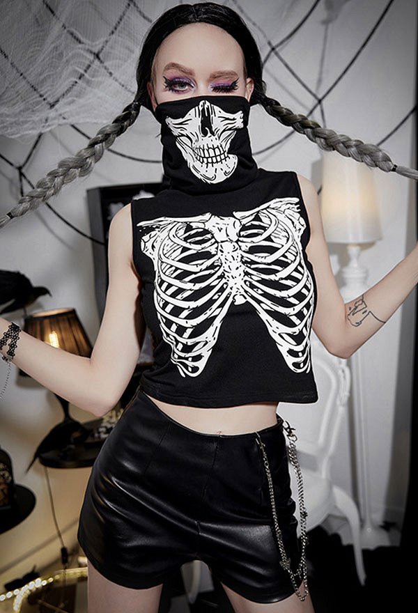 Halloween Women Gothic Black Skeleton Print High Collar Vest Top Halloween Women Gothic Black Skeleton Print High Collar Vest Top