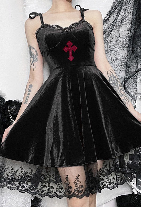Women Gothic Vampire Cross Pattern Lace Hem High-Waist A-Line Cocktail Mini Dress