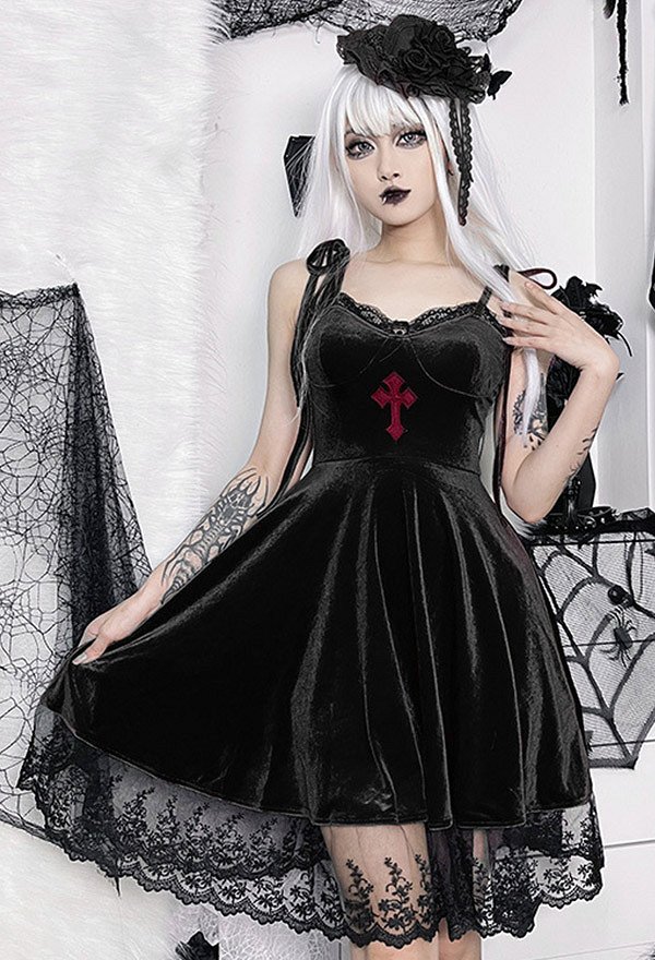 Women Gothic Vampire Cross Pattern Lace Hem High-Waist A-Line Cocktail Mini Dress