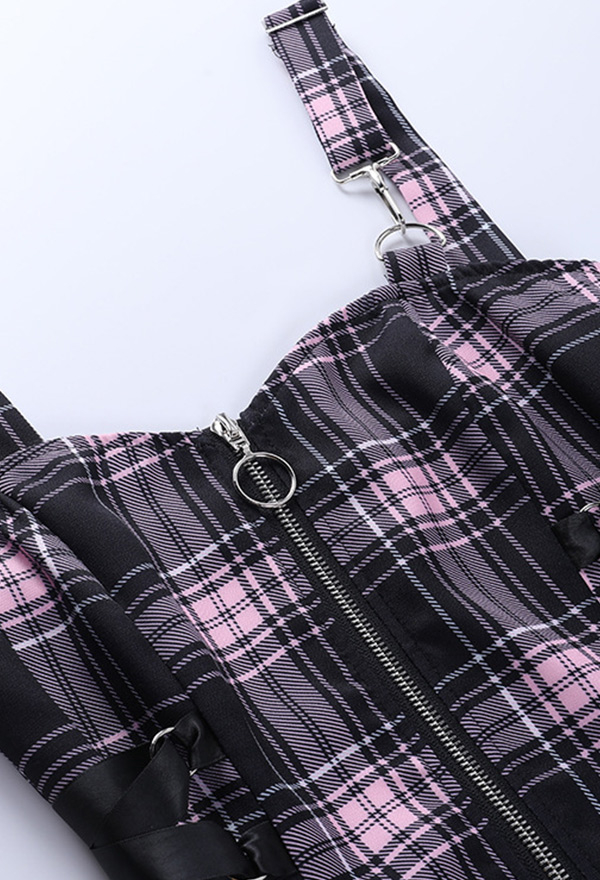 Grunge Women Egirl Plaid Front Zipper Side Lace-up A-Line Mini Dress