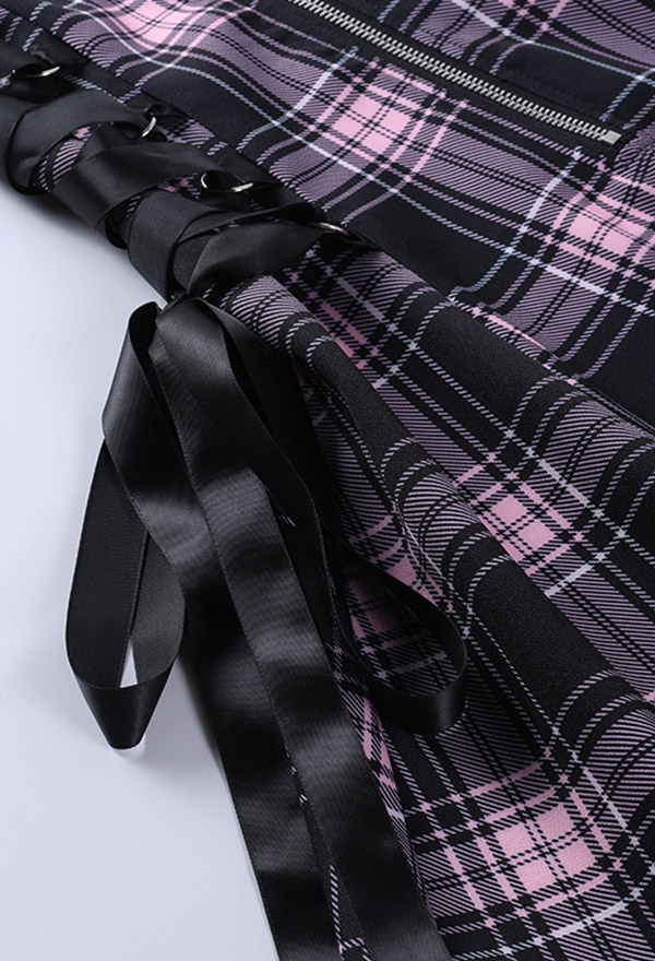 Grunge Women Egirl Plaid Front Zipper Side Lace-up A-Line Mini Dress