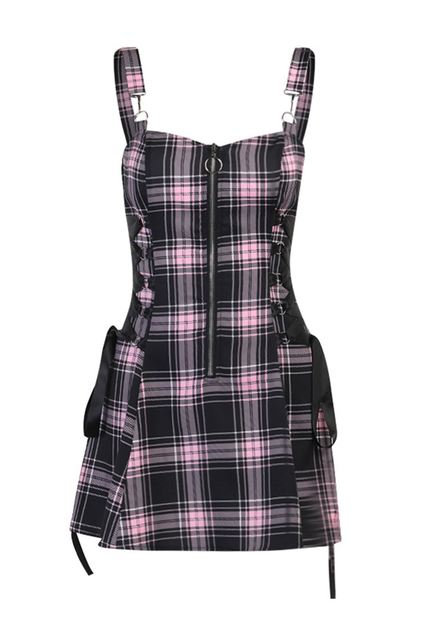 Grunge Women Egirl Plaid Front Zipper Side Lace-up A-Line Mini Dress