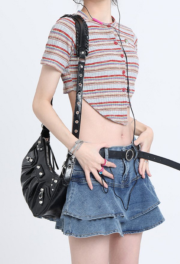 Whimsy Women Y2K Style Irregular Hem Stripe Short Sleeves Blouse