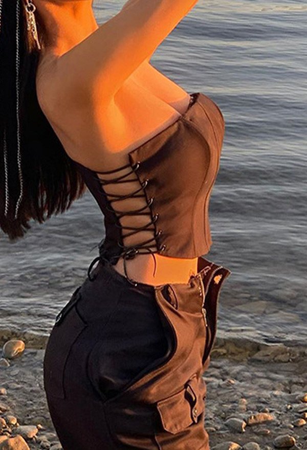 Gothic Sleeveless Wrap Backless Sides Straps Top Black Bustier Top Gothic Sleeveless Wrap Backless Sides Straps Top Black Bustier Top