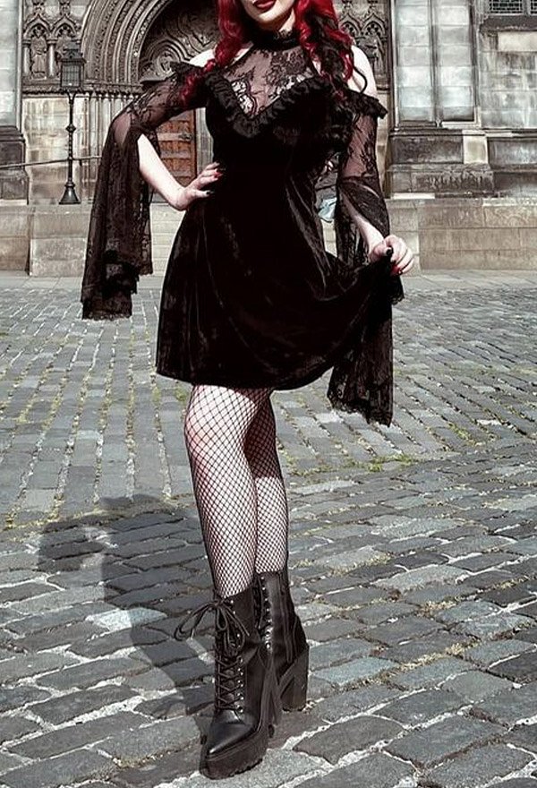 Gothic Lace Off-shoulder Long Sleeves Dress Dark Style Vintage Dress