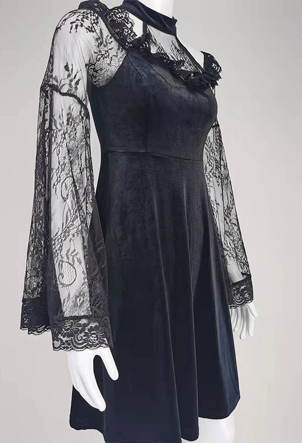 Gothic Lace Off-shoulder Long Sleeves Dress Dark Style Vintage Dress
