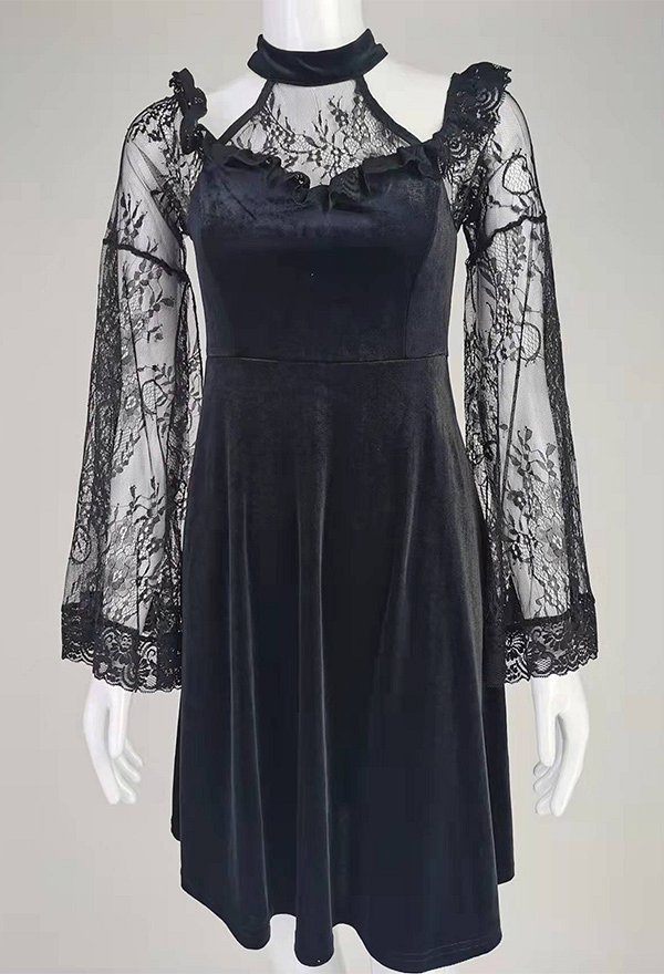 Gothic Lace Off-shoulder Long Sleeves Dress Dark Style Vintage Dress
