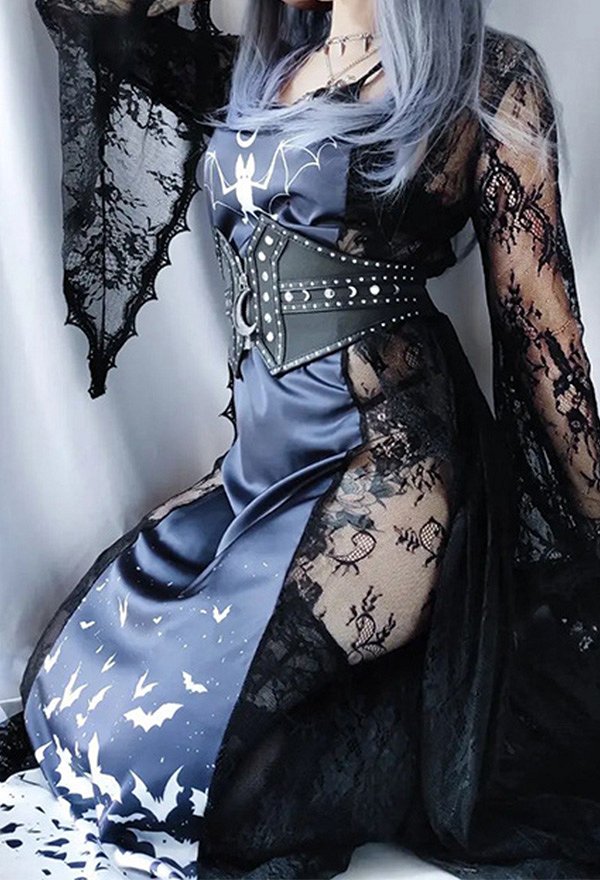Gothic Hollow See-through Lace Top Long Sleeves Bat Hem Dark Style Women Top Gothic Hollow See-through Lace Top Long Sleeves Bat Hem Dark Style Women Top