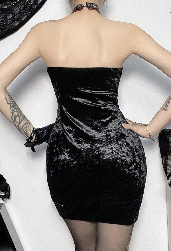 Hot Girl Gothic Slim Fit Dress Stylish Sleeveless Velvet Summer Halter Dress