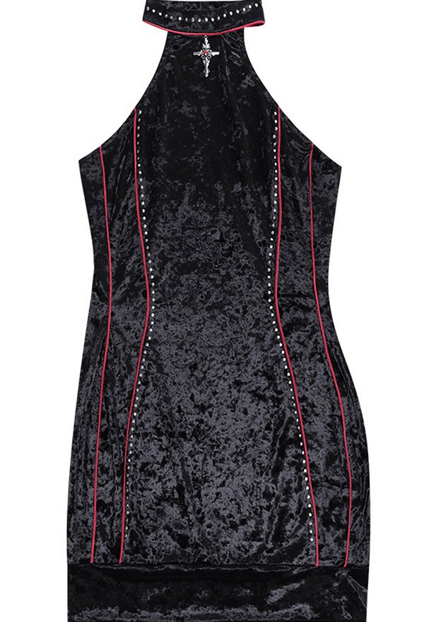 Hot Girl Gothic Slim Fit Dress Stylish Sleeveless Velvet Summer Halter Dress