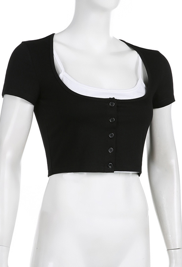 Gothic Square Neck Crop Top Slim Fit Fake Two-Piece Navel Top