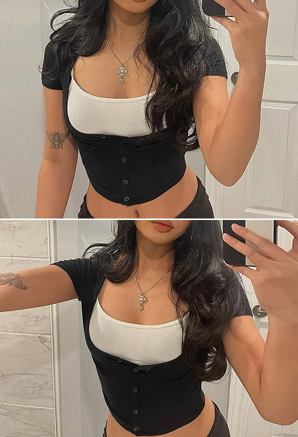 Gothic Square Neck Crop Top Slim Fit Fake Two-Piece Navel Top