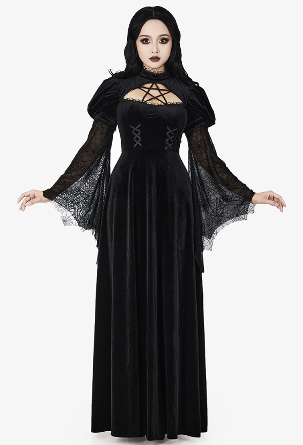Evil Witch Gothic Spider Web Flared Sleeve Long Dress Elegant Woman Halloween Dress Evil Witch Gothic Spider Web Flared Sleeve Long Dress Elegant Woman Halloween Dress