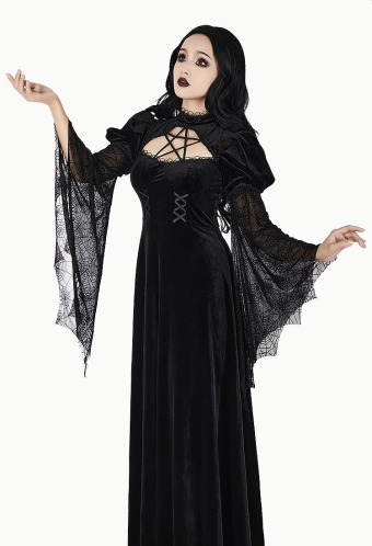 Evil Witch Gothic Spider Web Flared Sleeve Long Dress Elegant Woman Halloween Dress
