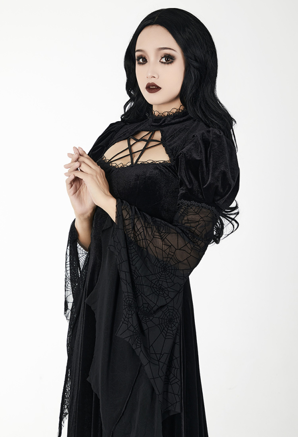 Evil Witch Gothic Spider Web Flared Sleeve Long Dress Elegant Woman Halloween Dress Evil Witch Gothic Spider Web Flared Sleeve Long Dress Elegant Woman Halloween Dress