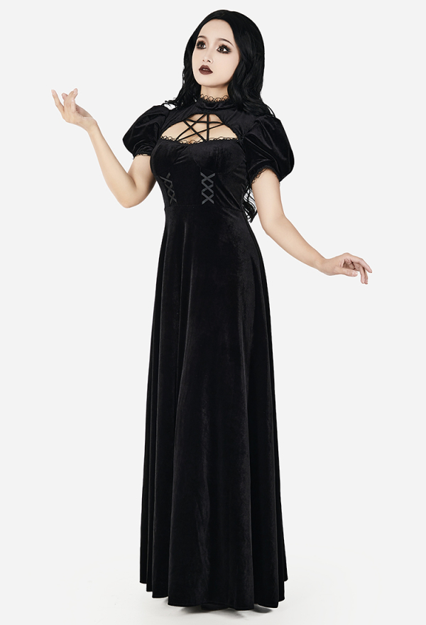 Evil Witch Gothic Spider Web Flared Sleeve Long Dress Elegant Woman Halloween Dress Evil Witch Gothic Spider Web Flared Sleeve Long Dress Elegant Woman Halloween Dress