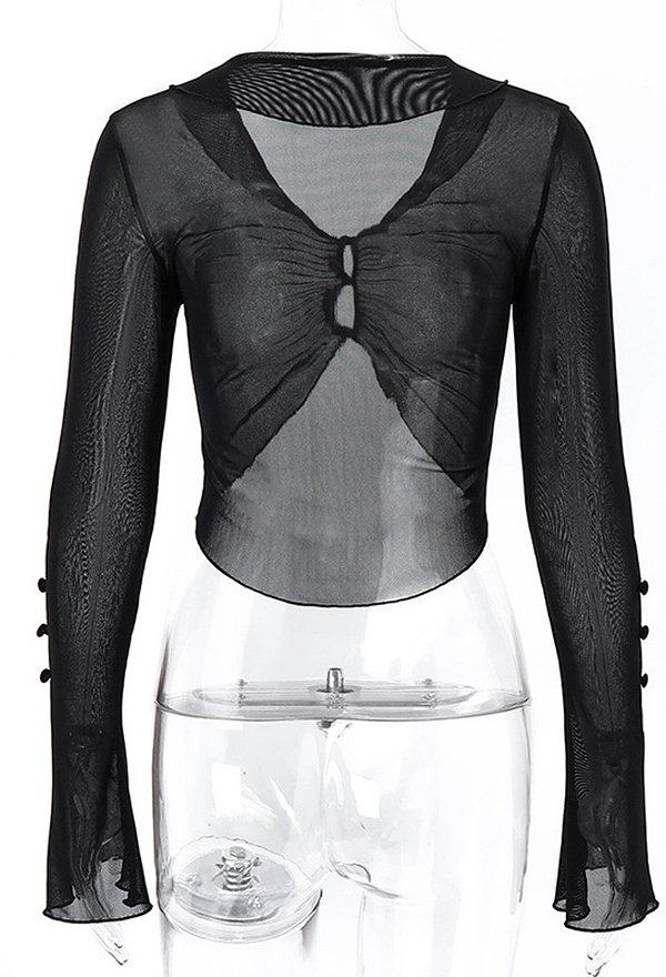 Gothic Mesh Flared Sleeves Top Dark Style Strappy Design Top