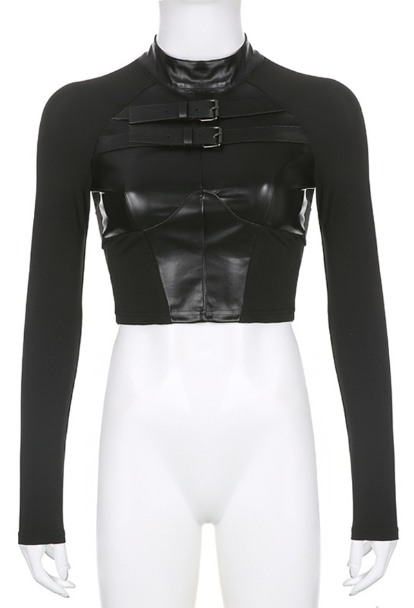 Gothic Punk Style PU Leather Patchwork Slim Top with Mental Buckle Black Buckle Top Gothic Punk Style PU Leather Patchwork Slim Top with Mental Buckle Black Buckle Top