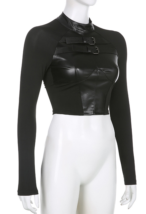 Gothic Punk Style PU Leather Patchwork Slim Top with Mental Buckle Black Buckle Top Gothic Punk Style PU Leather Patchwork Slim Top with Mental Buckle Black Buckle Top
