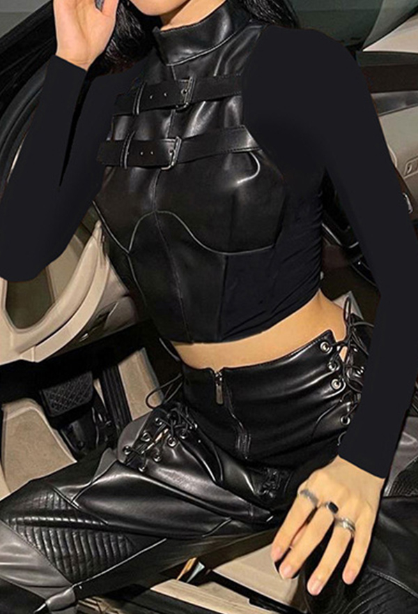 Gothic Punk Style PU Leather Patchwork Slim Top with Mental Buckle Black Buckle Top Gothic Punk Style PU Leather Patchwork Slim Top with Mental Buckle Black Buckle Top