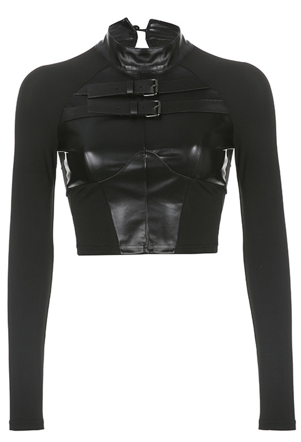 Gothic Punk Style PU Leather Patchwork Slim Top with Mental Buckle Black Buckle Top Gothic Punk Style PU Leather Patchwork Slim Top with Mental Buckle Black Buckle Top