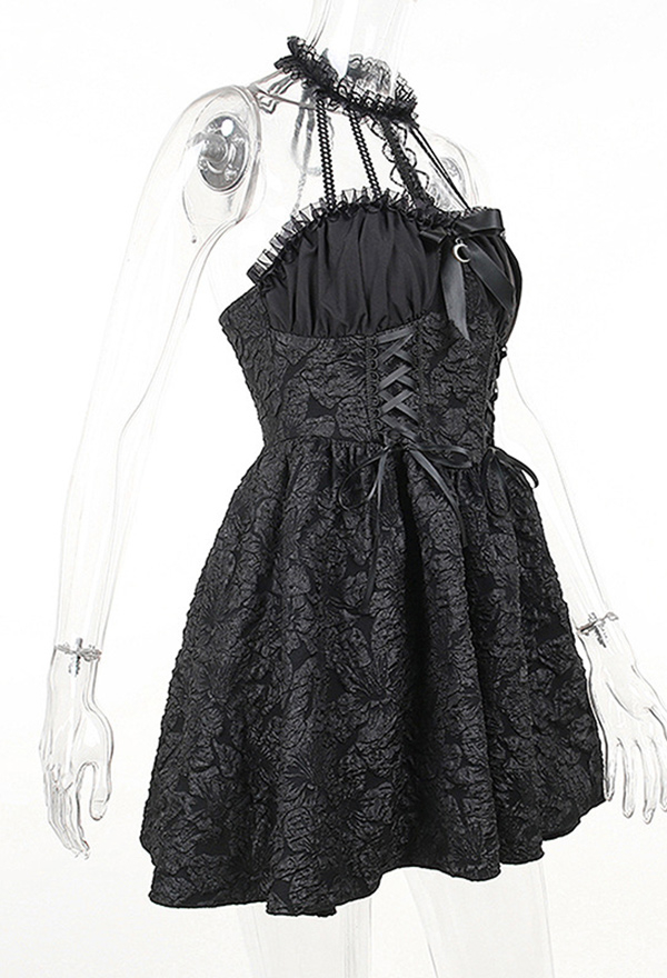 Gothic Unique Texture Backless Halter Dress Dark Style Slim Fit Mini Dress