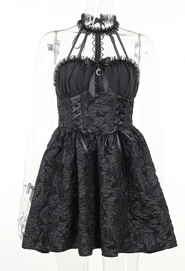 Gothic Unique Texture Backless Halter Dress Dark Style Slim Fit Mini Dress