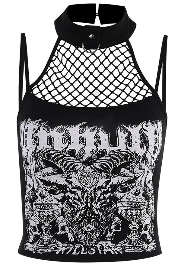 Gothic Streetwear Printed Halter Cami Dark Style Top for Hot Girl