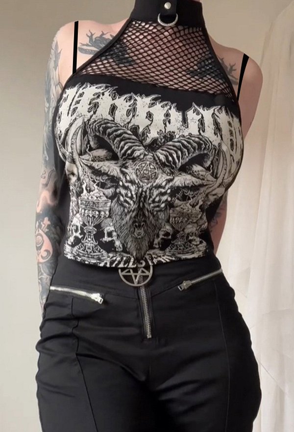 Gothic Streetwear Printed Halter Cami Dark Style Top for Hot Girl
