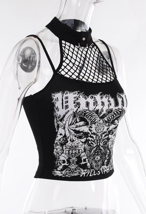 Gothic Streetwear Printed Halter Cami Dark Style Top for Hot Girl