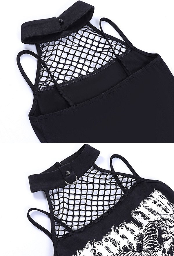 Gothic Streetwear Printed Halter Cami Dark Style Top for Hot Girl