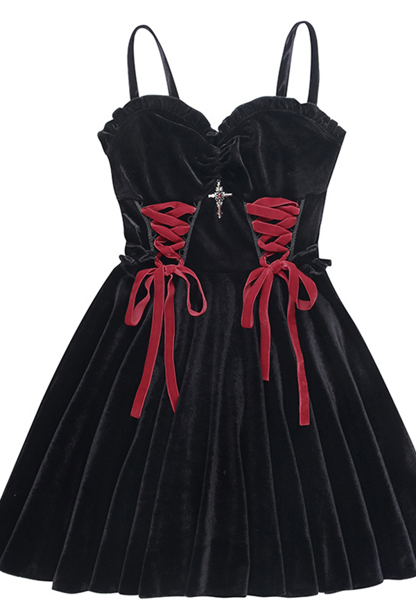 Gothic Style Slim Minidress Black Velvet Lace-up Cami Dress with Cross