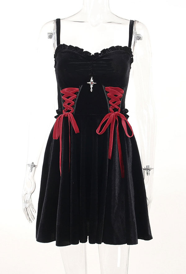 Gothic Style Slim Minidress Black Velvet Lace-up Cami Dress with Cross