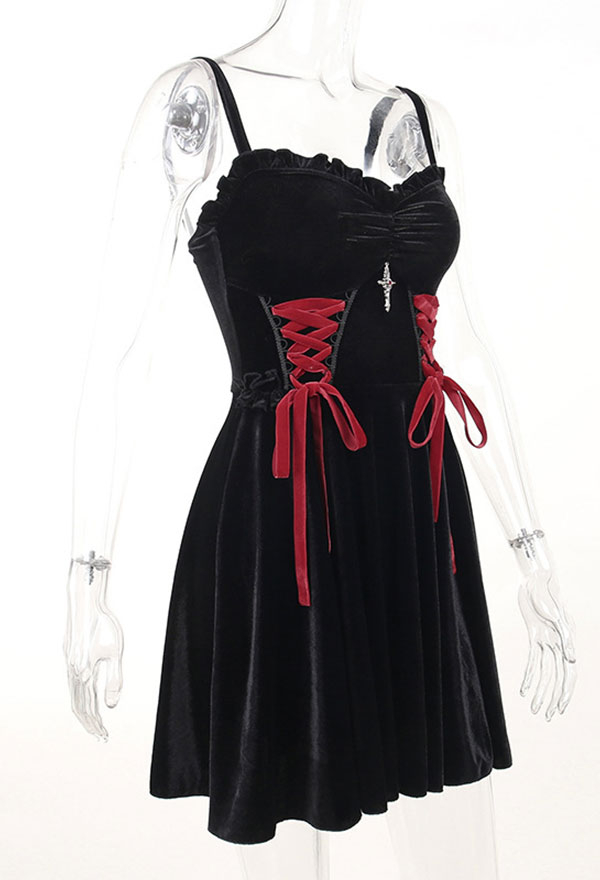 Gothic Style Slim Minidress Black Velvet Lace-up Cami Dress with Cross