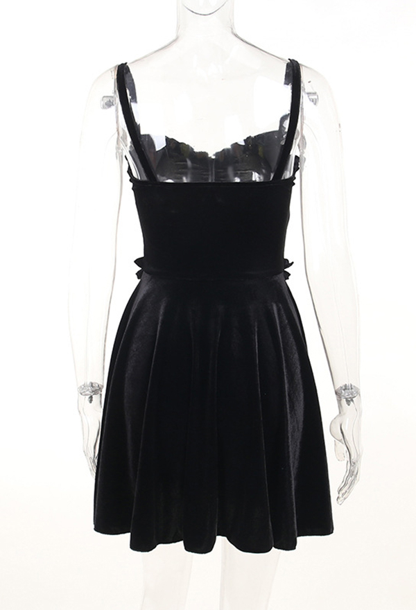 Gothic Style Slim Minidress Black Velvet Lace-up Cami Dress with Cross